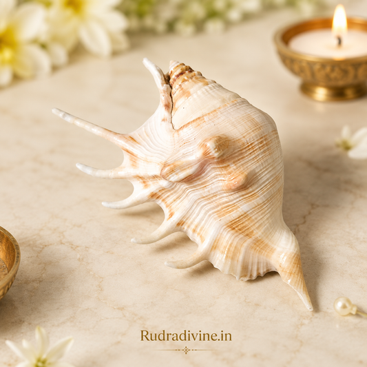 Original 5 Mukhi Lakshmi Shankh with official Lab Certificate by Rudradivine, sacred conch for Goddess Lakshmi worship, Vastu harmony, prosperity and daily spiritual rituals.