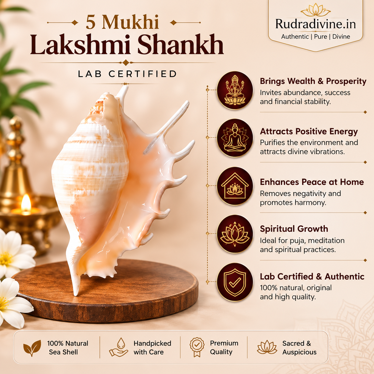 Original 5 Mukhi Lakshmi Shankh with official Lab Certificate by Rudradivine, sacred conch for Goddess Lakshmi worship, Vastu harmony, prosperity and daily spiritual rituals.
