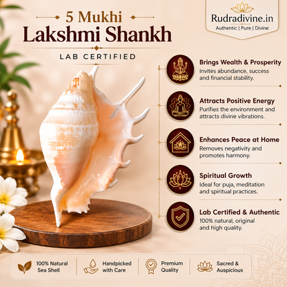 Original 5 Mukhi Lakshmi Shankh with official Lab Certificate by Rudradivine, sacred conch for Goddess Lakshmi worship, Vastu harmony, prosperity and daily spiritual rituals.