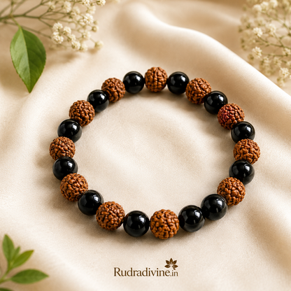 Natural Agate & 5 Mukhi Rudraksha Bracelet with black and brown 8MM beads and official Lab Certificate by Rudradivine for spiritual wear and meditation.