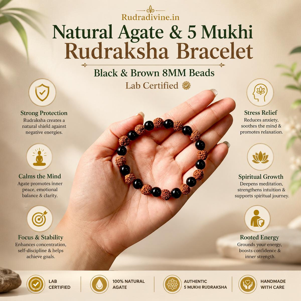 Natural Agate & 5 Mukhi Rudraksha Bracelet with black and brown 8MM beads and official Lab Certificate by Rudradivine for spiritual wear and meditation.