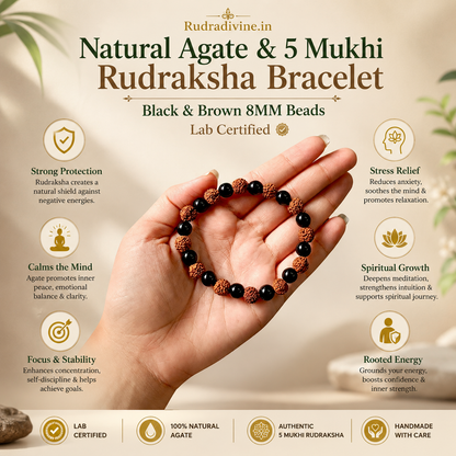 Natural Agate & 5 Mukhi Rudraksha Bracelet with black and brown 8MM beads and official Lab Certificate by Rudradivine for spiritual wear and meditation.