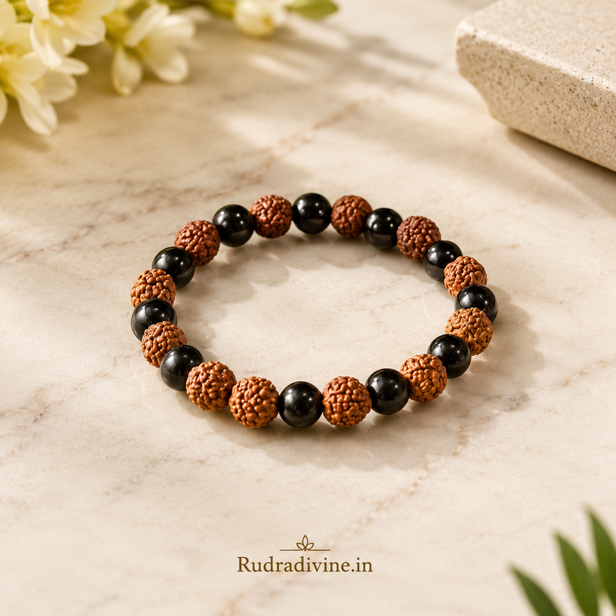 Natural Agate & 5 Mukhi Rudraksha Bracelet with black and brown 8MM beads and official Lab Certificate by Rudradivine for spiritual wear and meditation.
