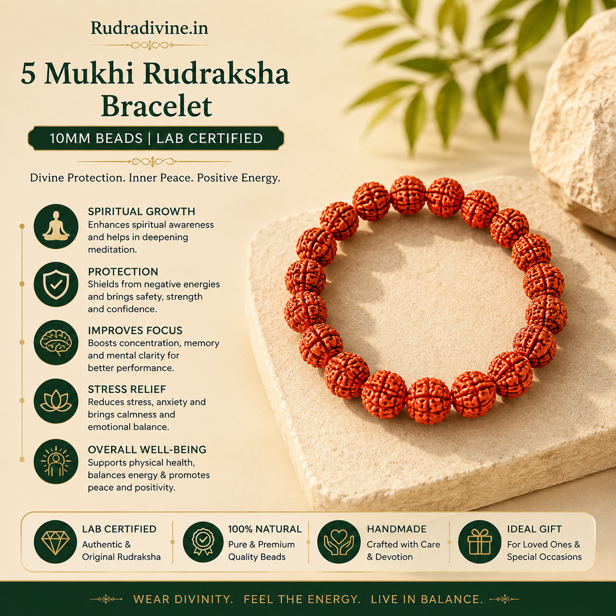 5 Mukhi Rudraksha Bracelet with natural 10MM beads and official Lab Certificate by Rudradivine, traditionally associated with calmness, focus, meditation and spiritual balance.