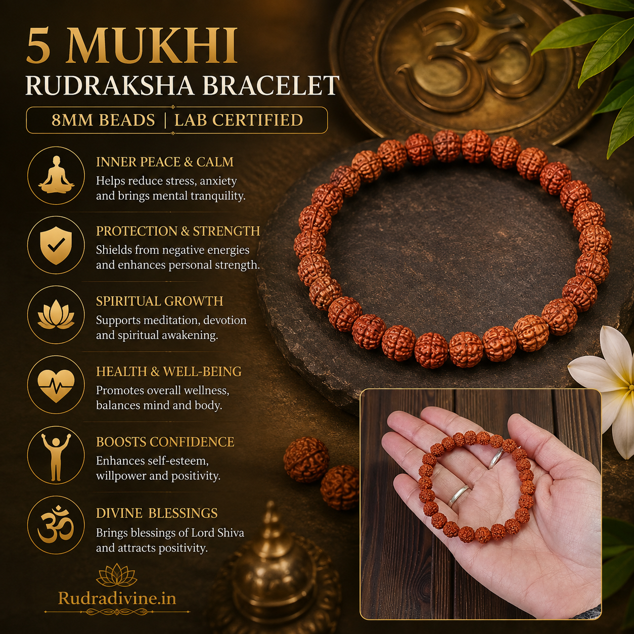 5 Mukhi Rudraksha Bracelet with natural 8MM Rudraksha beads and official Lab Certificate by Rudradivine, traditionally associated with Lord Shiva, calmness, balance and meditation.