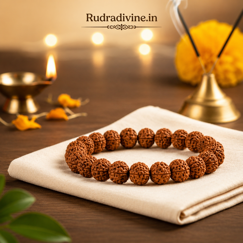 Lab Certified 5 Mukhi Rudraksha Bracelet 8mm crafted from natural Rudraksha beads by Rudra Divine for meditation, daily wear, prayer and spiritual wellness.