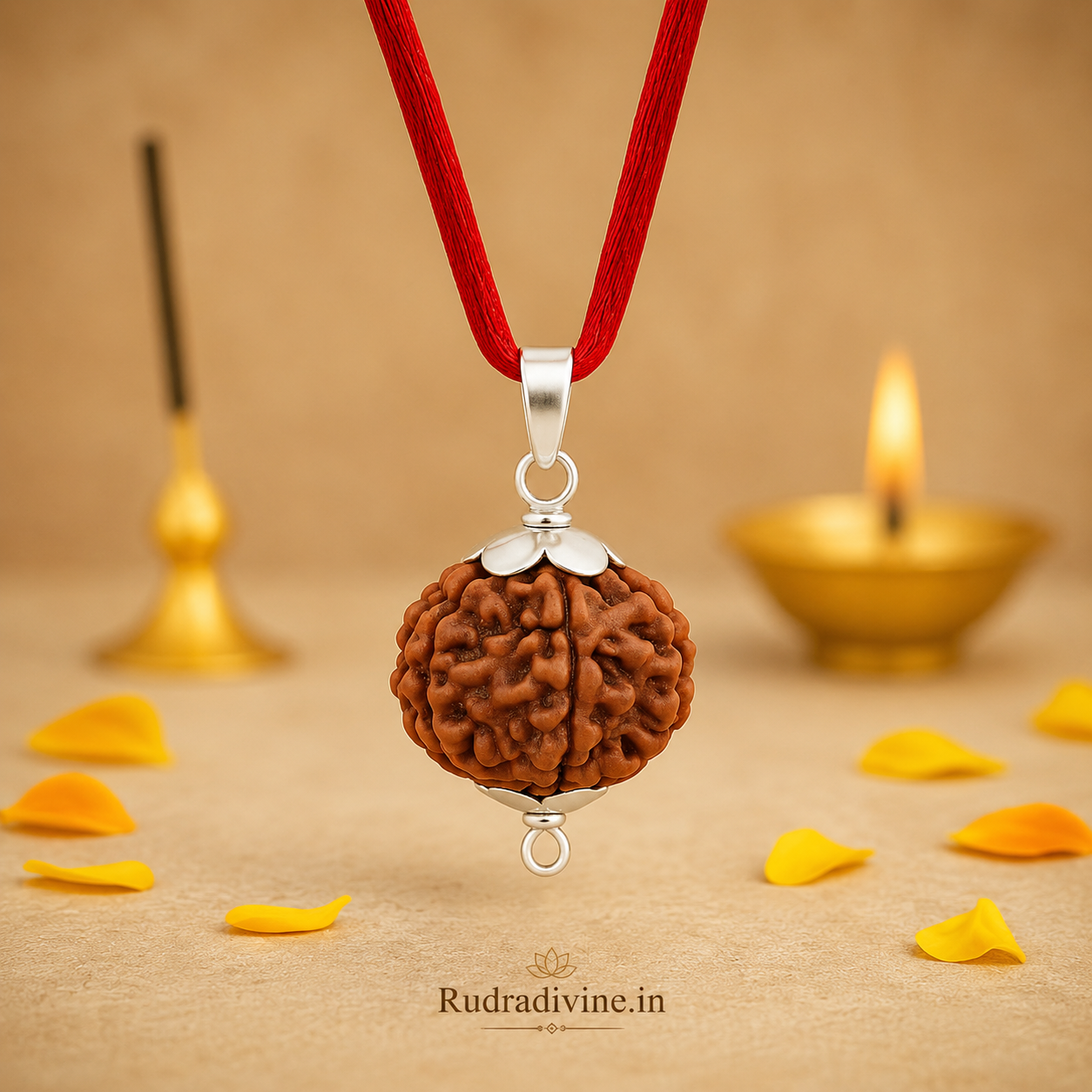 5 Mukhi (Five Face) Rudraksha Pendant featuring a natural Rudraksha bead, associated with Kalagni Rudra (Lord Shiva), with an official Lab Certificate by Rudradivine for meditation, spiritual devotion, and daily wear.