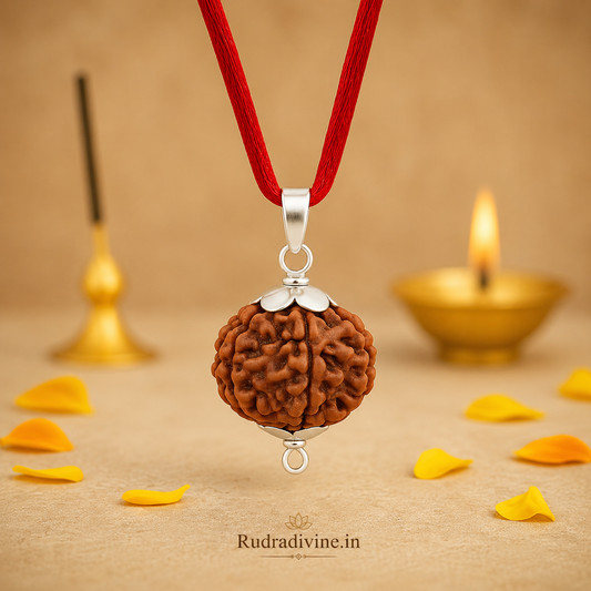 5 Mukhi (Five Face) Rudraksha Pendant featuring a natural Rudraksha bead, associated with Kalagni Rudra (Lord Shiva), with an official Lab Certificate by Rudradivine for meditation, spiritual devotion, and daily wear.