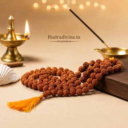 Lab Certified 5 Mukhi Rudraksha Mala 108+1 Beads 8mm crafted from natural Rudraksha beads by Rudra Divine for meditation, mantra chanting and spiritual wellness.