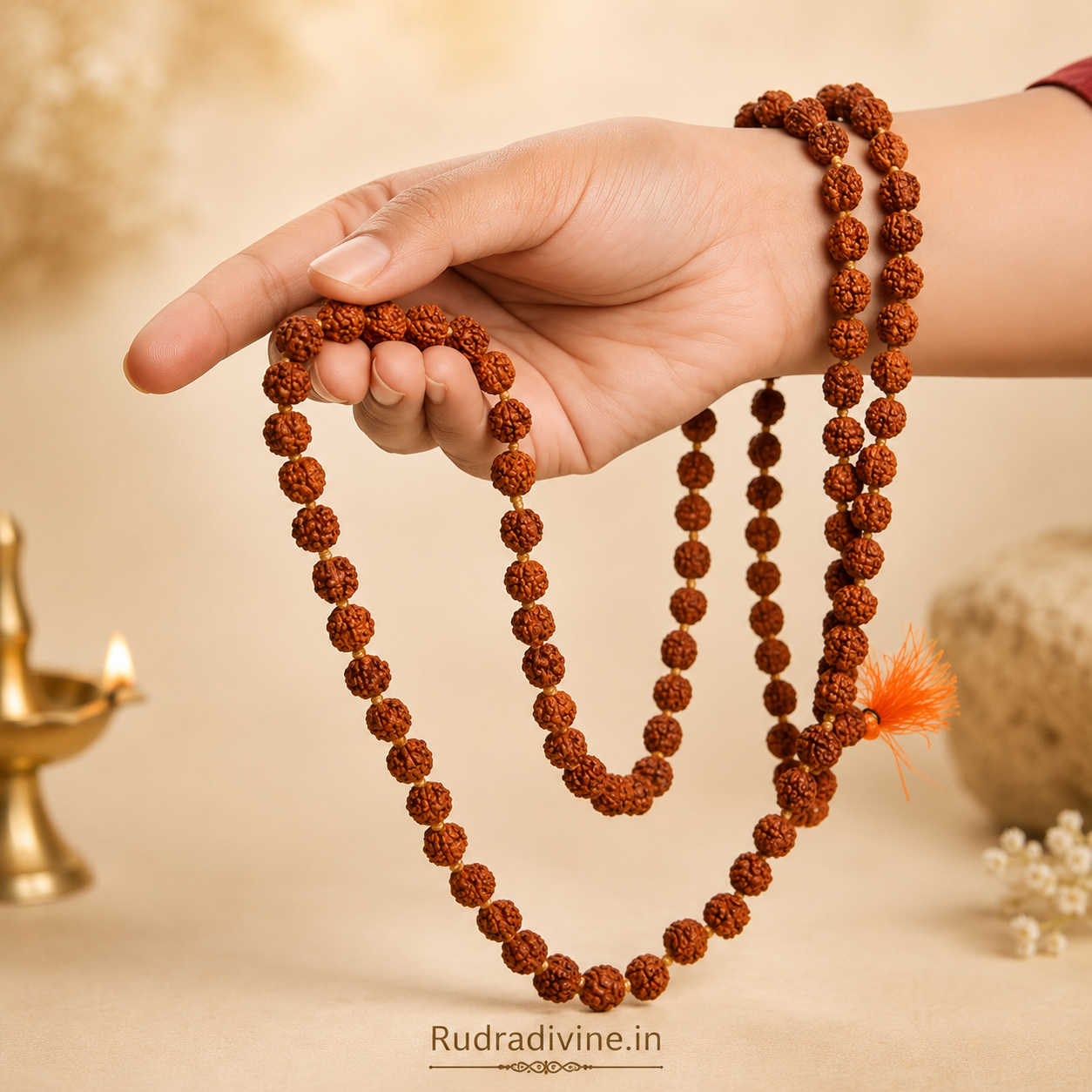 Lab Certified 5 Mukhi Rudraksha Mala 108+1 Beads 8mm crafted from natural Rudraksha beads by Rudra Divine for meditation, mantra chanting and spiritual wellness.