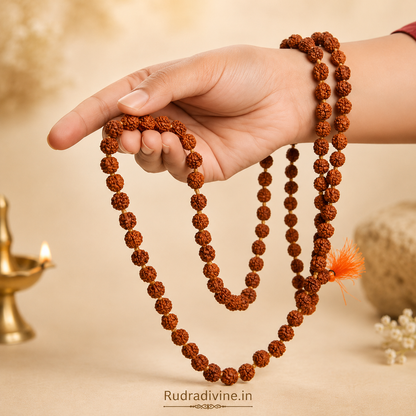 Lab Certified 5 Mukhi Rudraksha Mala 108+1 Beads 8mm crafted from natural Rudraksha beads by Rudra Divine for meditation, mantra chanting and spiritual wellness.