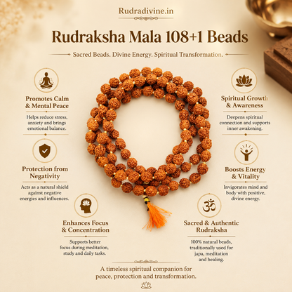 Lab Certified 5 Mukhi Rudraksha Mala 108+1 Beads 8mm crafted from natural Rudraksha beads by Rudra Divine for meditation, mantra chanting and spiritual wellness.