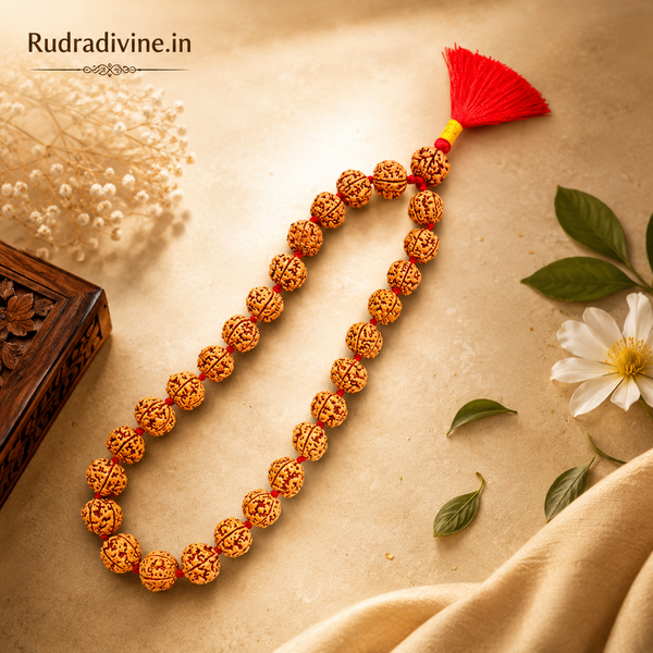 Lab Certified 5 Mukhi Rudraksha Mala 27+1 Beads 8mm crafted from natural Rudraksha beads by Rudra Divine for meditation, mantra chanting and spiritual wellness.