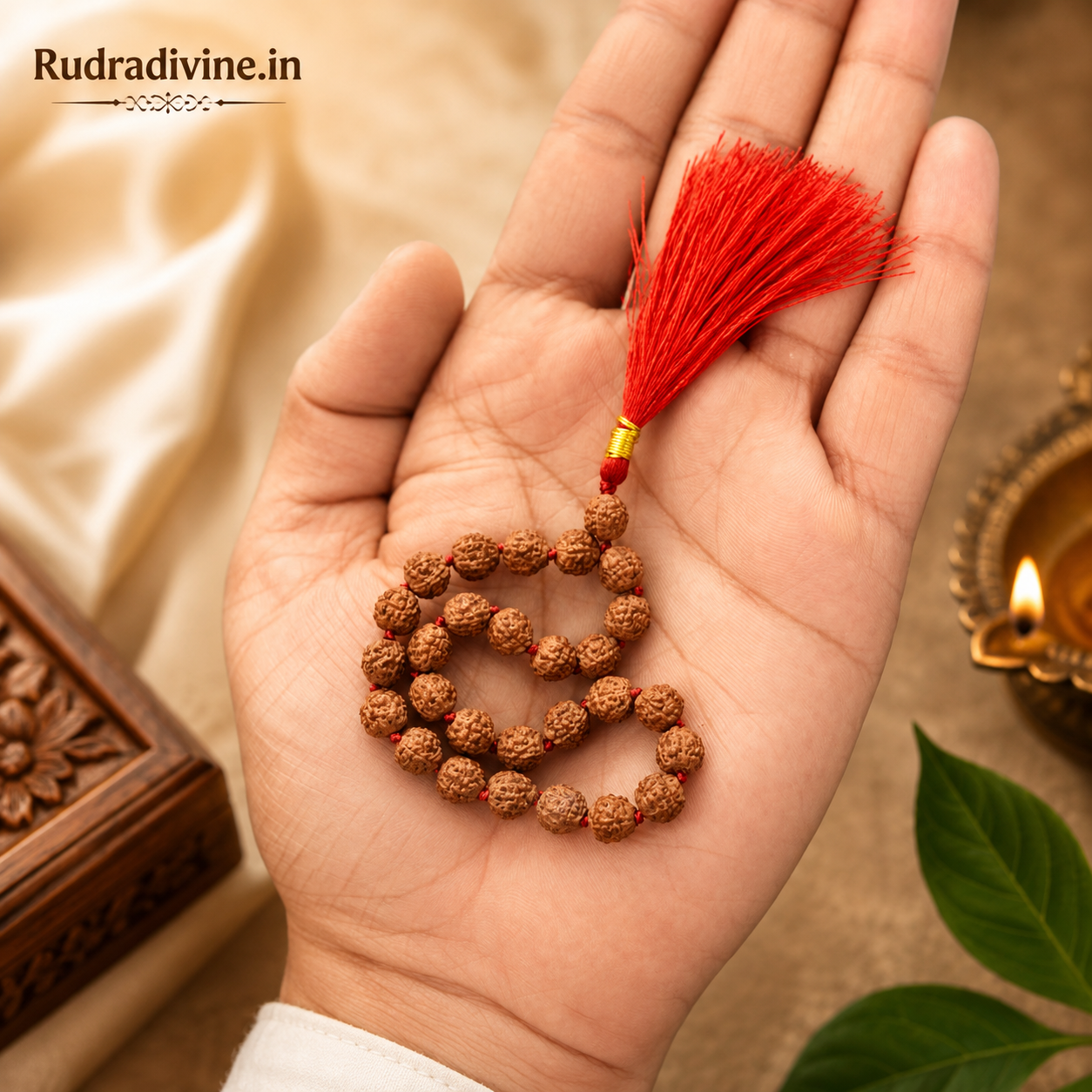 Lab Certified 5 Mukhi Rudraksha Mala 27+1 Beads 8mm crafted from natural Rudraksha beads by Rudra Divine for meditation, mantra chanting and spiritual wellness.