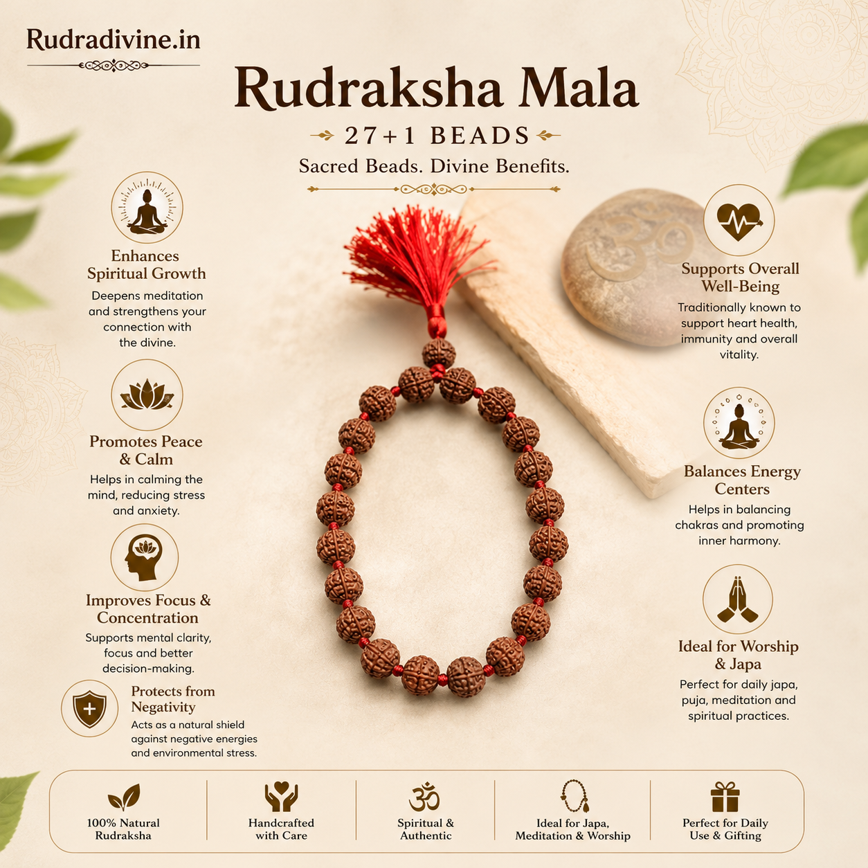Lab Certified 5 Mukhi Rudraksha Mala 27+1 Beads 8mm crafted from natural Rudraksha beads by Rudra Divine for meditation, mantra chanting and spiritual wellness.