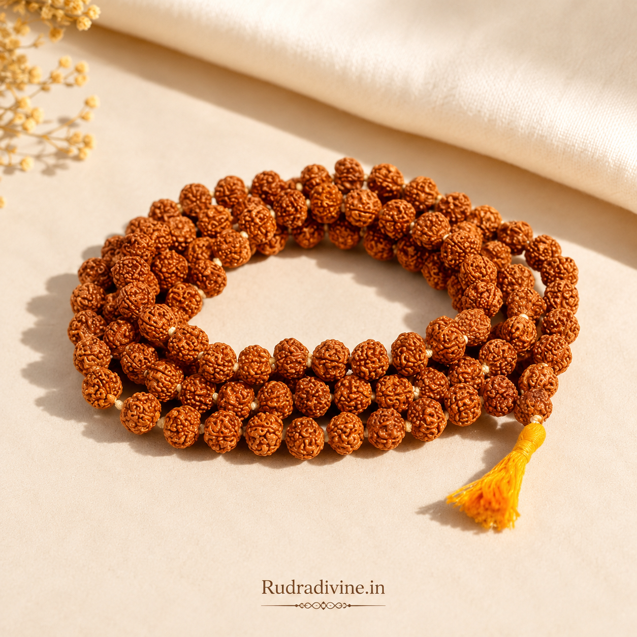 Lab Certified 5 Mukhi Rudraksha Mala 54+1 Beads 8mm crafted from natural Rudraksha beads by Rudra Divine for meditation, mantra chanting and spiritual wellness.