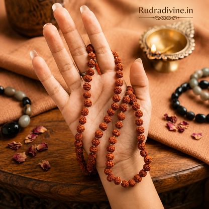 Lab Certified 5 Mukhi Rudraksha Mala 54+1 Beads 8mm crafted from natural Rudraksha beads by Rudra Divine for meditation, mantra chanting and spiritual wellness.