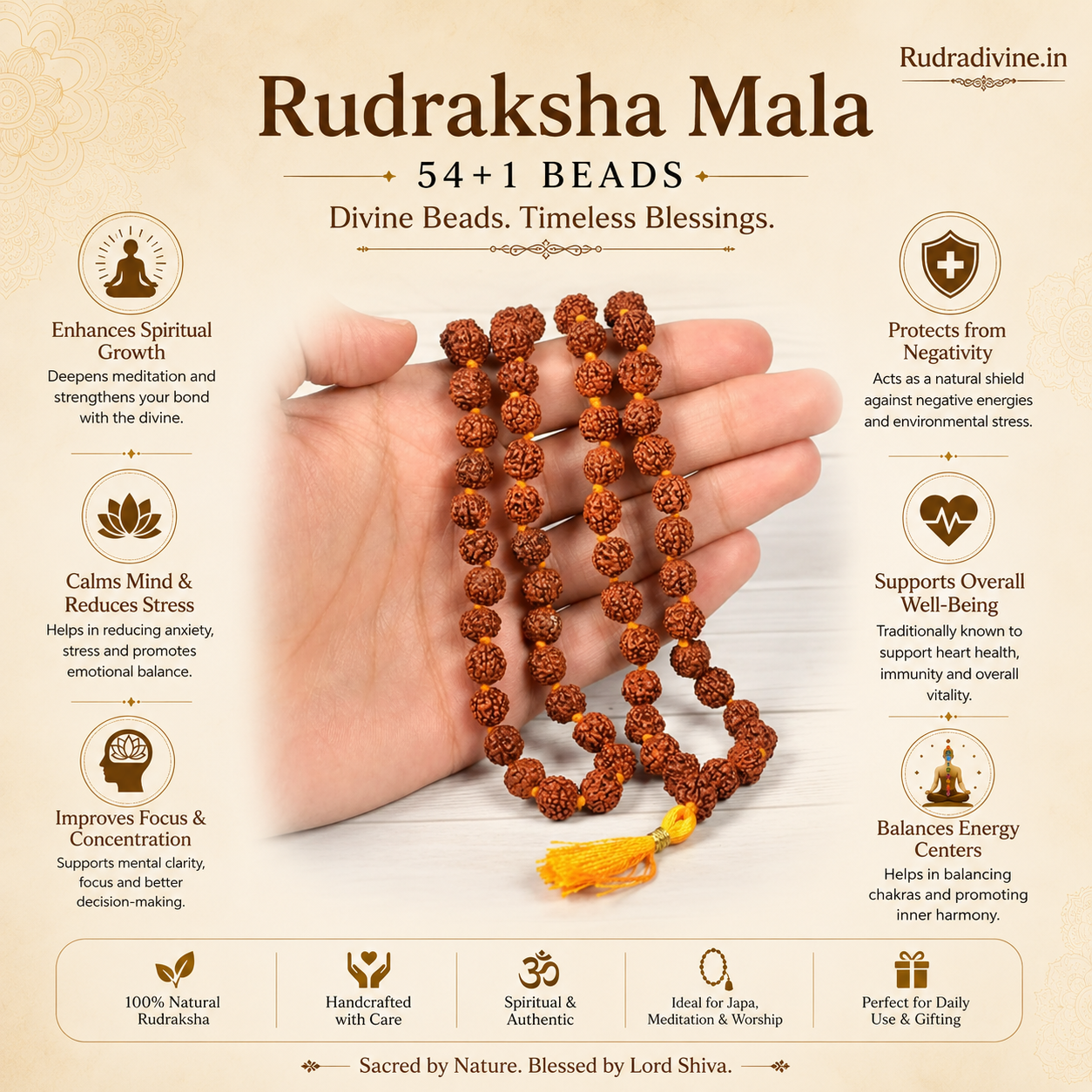 Lab Certified 5 Mukhi Rudraksha Mala 54+1 Beads 8mm crafted from natural Rudraksha beads by Rudra Divine for meditation, mantra chanting and spiritual wellness.