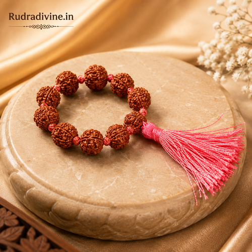 Lab Certified 5 Mukhi Rudraksha Mala 9+1 Beads 8mm crafted from natural Rudraksha beads by Rudra Divine for meditation, mantra chanting and spiritual wellness.