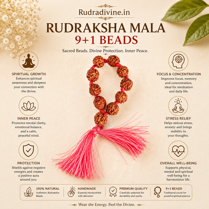 Lab Certified 5 Mukhi Rudraksha Mala 9+1 Beads 8mm crafted from natural Rudraksha beads by Rudra Divine for meditation, mantra chanting and spiritual wellness.