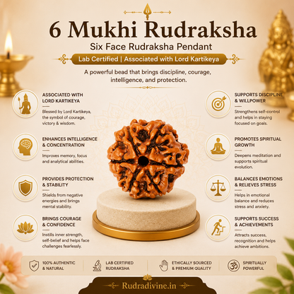 6 Mukhi (Six Face) Rudraksha Pendant featuring a natural Rudraksha bead, associated with Lord Kartikeya, with an official Lab Certificate by Rudradivine for meditation, spiritual devotion, and daily wear.