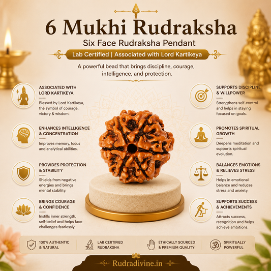 6 Mukhi (Six Face) Rudraksha Pendant featuring a natural Rudraksha bead, associated with Lord Kartikeya, with an official Lab Certificate by Rudradivine for meditation, spiritual devotion, and daily wear.