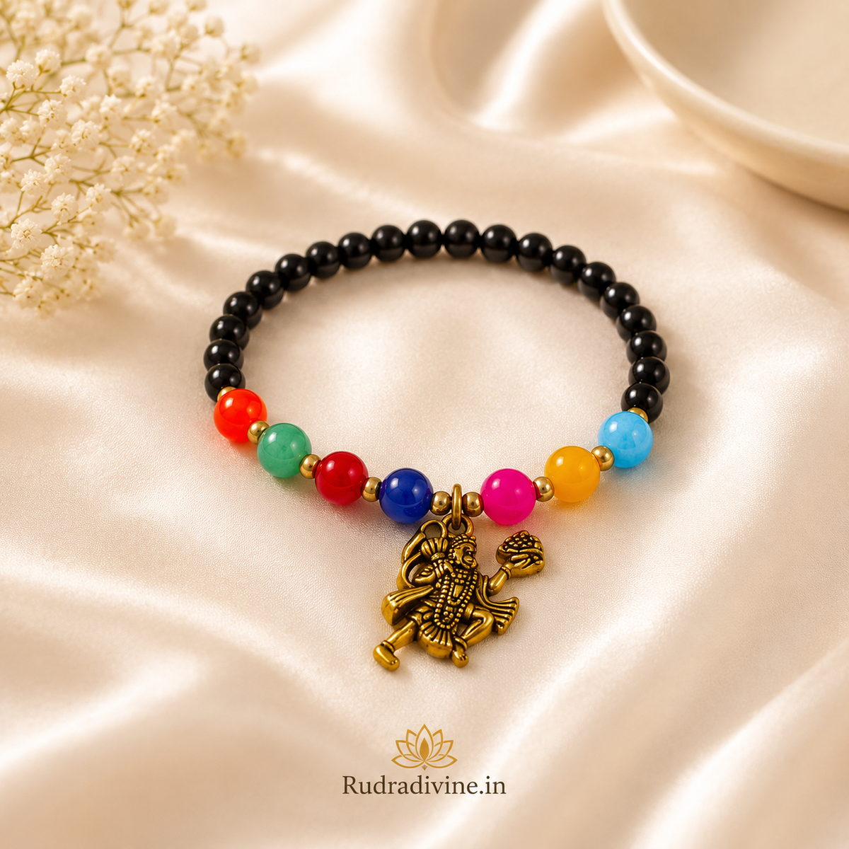 7 Chakra Bracelet with Black Agate and Hanuman Ji Symbol, 7MM beads and official Lab Certificate by Rudradivine, designed for spiritual practices, meditation and everyday wear.