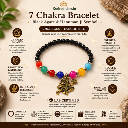 7 Chakra Bracelet with Black Agate and Hanuman Ji Symbol, 7MM beads and official Lab Certificate by Rudradivine, designed for spiritual practices, meditation and everyday wear.