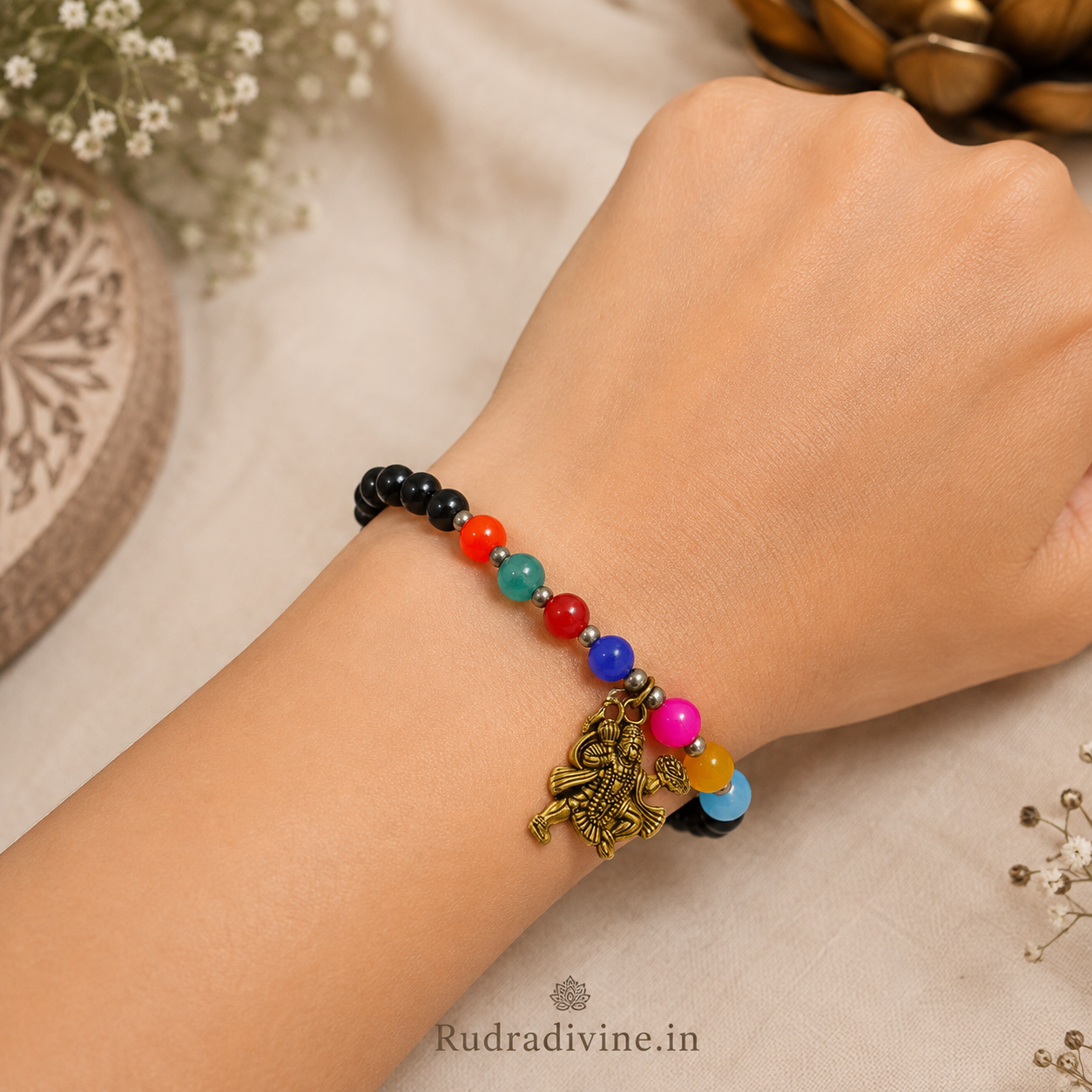 7 Chakra Bracelet with Black Agate and Hanuman Ji Symbol, 7MM beads and official Lab Certificate by Rudradivine, designed for spiritual practices, meditation and everyday wear.
