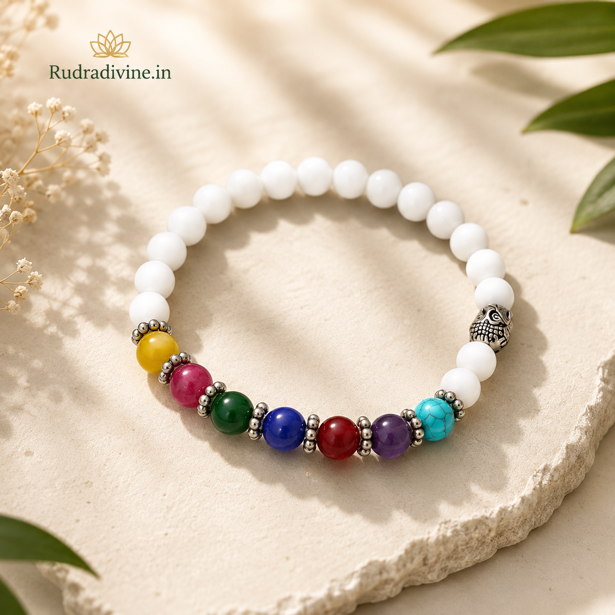 7 Chakra Howlite Bracelet with 7MM beads and official Lab Certificate by Rudradivine, traditionally associated with meditation, chakra balance, calmness and spiritual wellness.