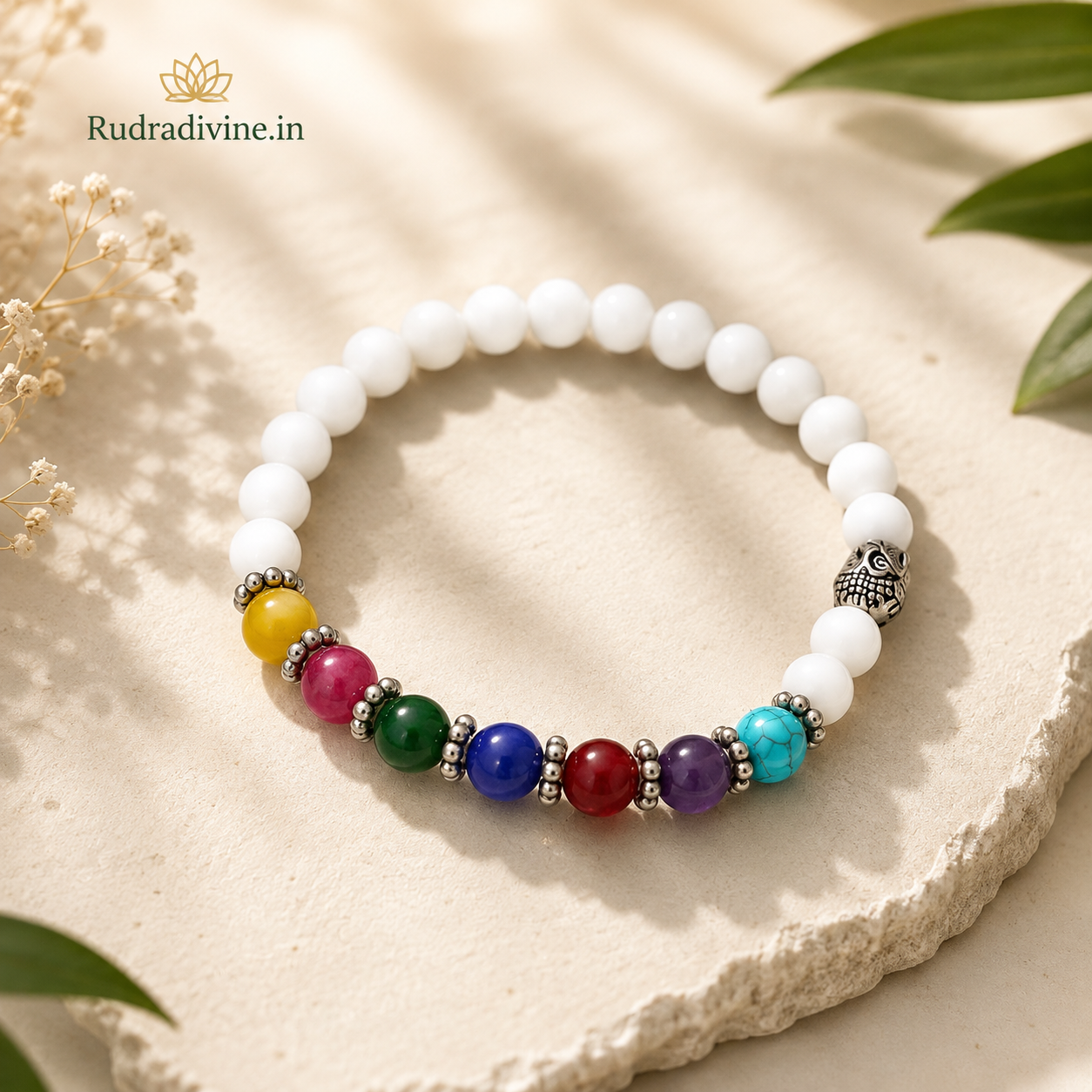 7 Chakra Howlite Bracelet with 7MM beads and official Lab Certificate by Rudradivine, traditionally associated with meditation, chakra balance, calmness and spiritual wellness.