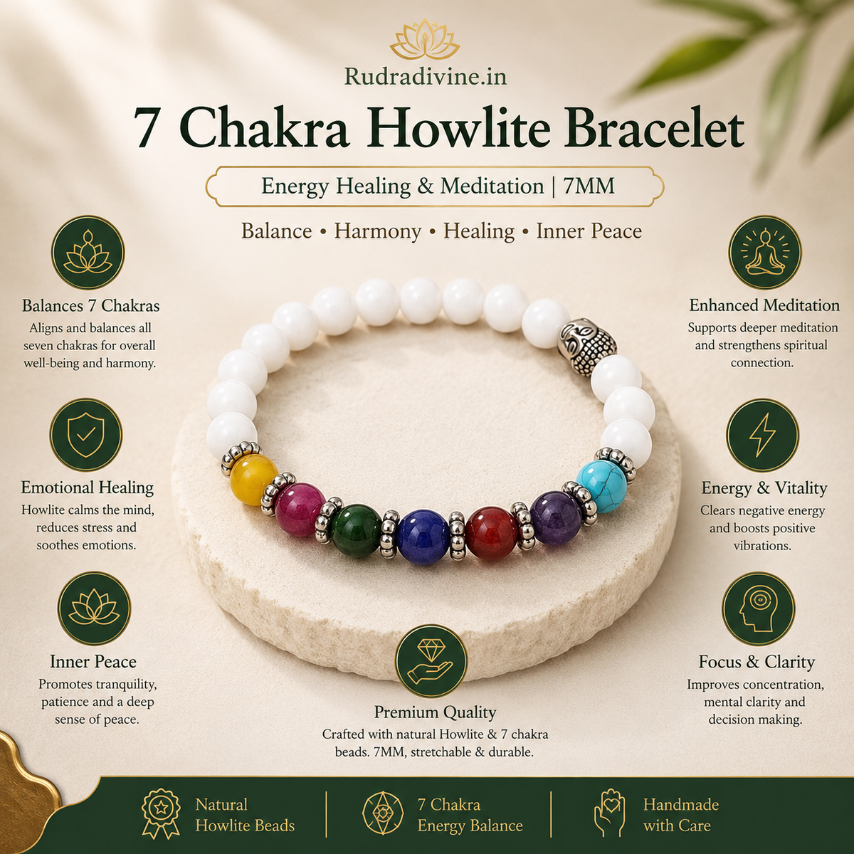 7 Chakra Howlite Bracelet with 7MM beads and official Lab Certificate by Rudradivine, traditionally associated with meditation, chakra balance, calmness and spiritual wellness.