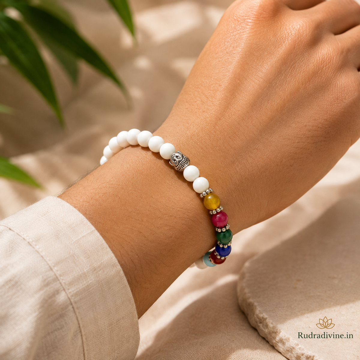 7 Chakra Howlite Bracelet with 7MM beads and official Lab Certificate by Rudradivine, traditionally associated with meditation, chakra balance, calmness and spiritual wellness.
