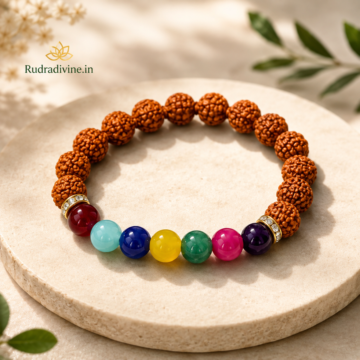 7 Chakra & Rudraksha Bracelet with 8MM beads and official Lab Certificate by Rudradivine, traditionally associated with chakra balance, meditation and spiritual wellness.