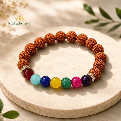 7 Chakra & Rudraksha Bracelet with 8MM beads and official Lab Certificate by Rudradivine, traditionally associated with chakra balance, meditation and spiritual wellness.