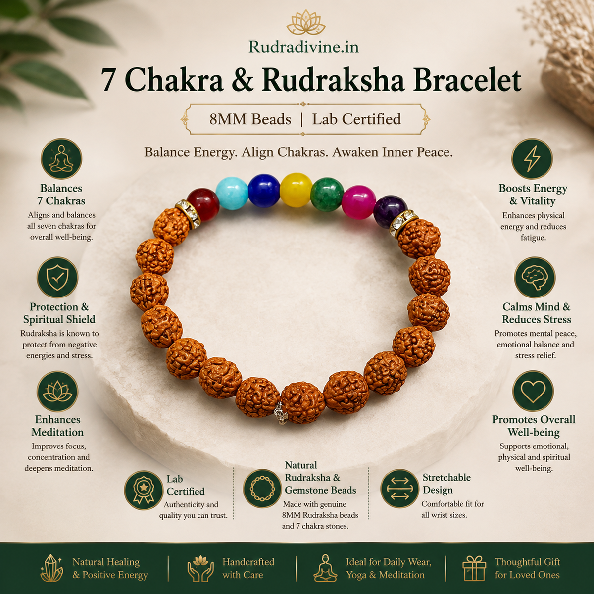 7 Chakra & Rudraksha Bracelet with 8MM beads and official Lab Certificate by Rudradivine, traditionally associated with chakra balance, meditation and spiritual wellness.