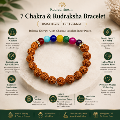7 Chakra & Rudraksha Bracelet with 8MM beads and official Lab Certificate by Rudradivine, traditionally associated with chakra balance, meditation and spiritual wellness.