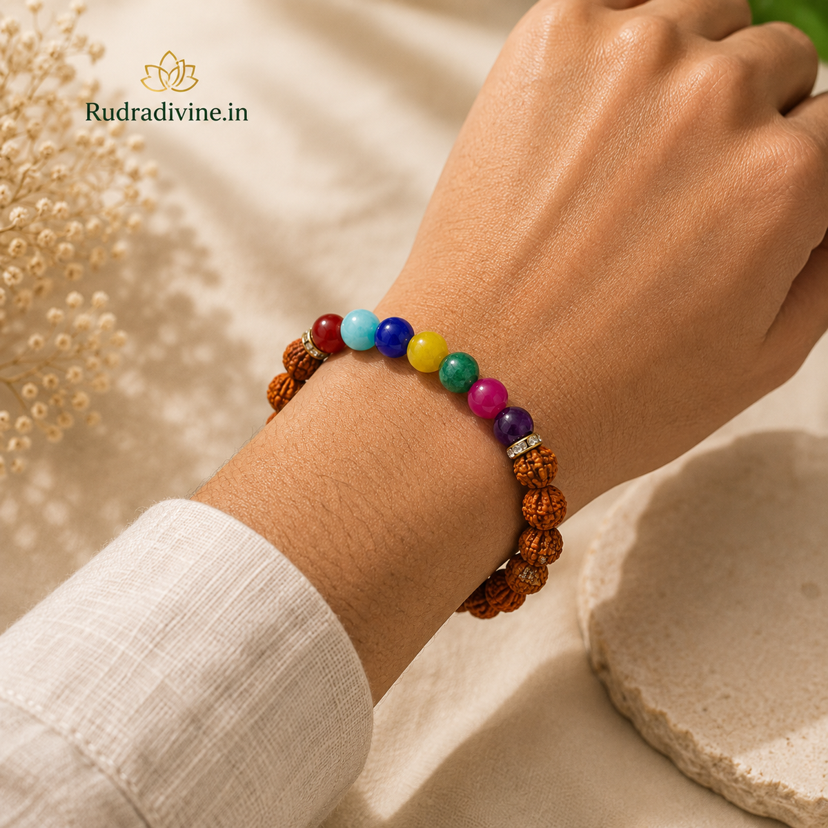 7 Chakra & Rudraksha Bracelet with 8MM beads and official Lab Certificate by Rudradivine, traditionally associated with chakra balance, meditation and spiritual wellness.