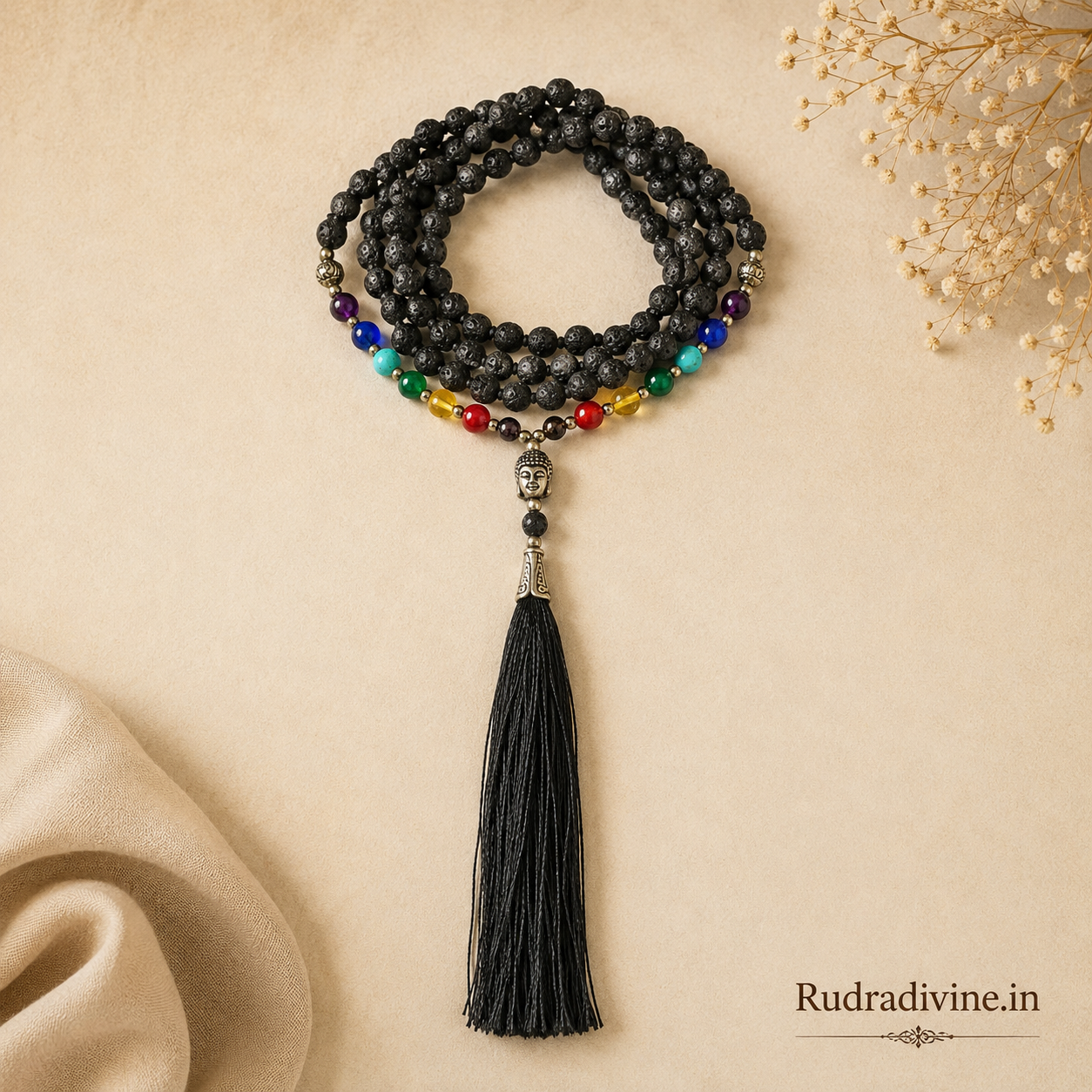 7 Chakra with Lava Stone Mala 108+1 Beads crafted with natural 6MM chakra gemstones and lava stones, official Lab Certificate by Rudradivine for meditation, chakra balancing and spiritual wellness.