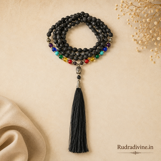 7 Chakra with Lava Stone Mala 108+1 Beads crafted with natural 6MM chakra gemstones and lava stones, official Lab Certificate by Rudradivine for meditation, chakra balancing and spiritual wellness.