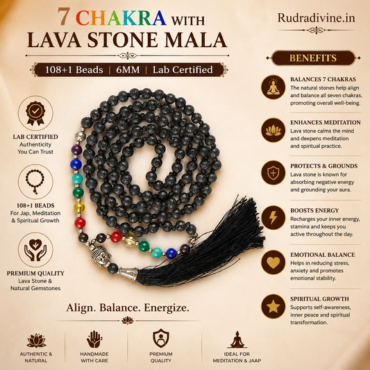 7 Chakra with Lava Stone Mala 108+1 Beads crafted with natural 6MM chakra gemstones and lava stones, official Lab Certificate by Rudradivine for meditation, chakra balancing and spiritual wellness.