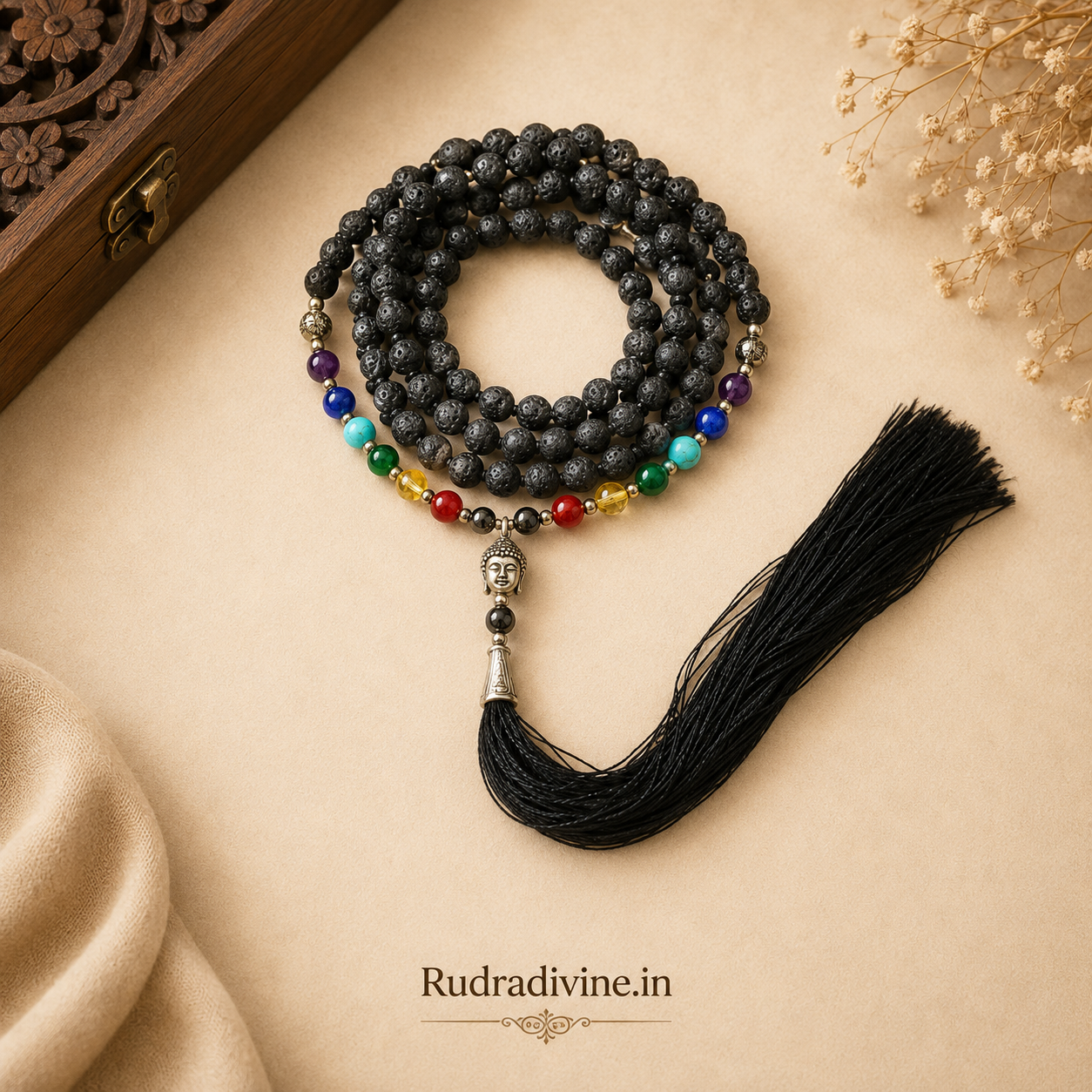 7 Chakra with Lava Stone Mala 108+1 Beads crafted with natural 6MM chakra gemstones and lava stones, official Lab Certificate by Rudradivine for meditation, chakra balancing and spiritual wellness.
