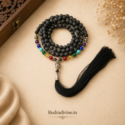 7 Chakra with Lava Stone Mala 108+1 Beads crafted with natural 6MM chakra gemstones and lava stones, official Lab Certificate by Rudradivine for meditation, chakra balancing and spiritual wellness.