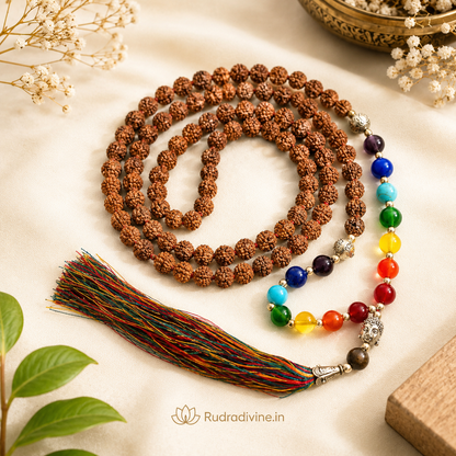 7 Chakra with Rudraksha Mala 108+1 Beads 6MM crafted with natural Rudraksha and seven chakra gemstones with official Lab Certificate by Rudradivine for chakra balancing, meditation and spiritual wellness.