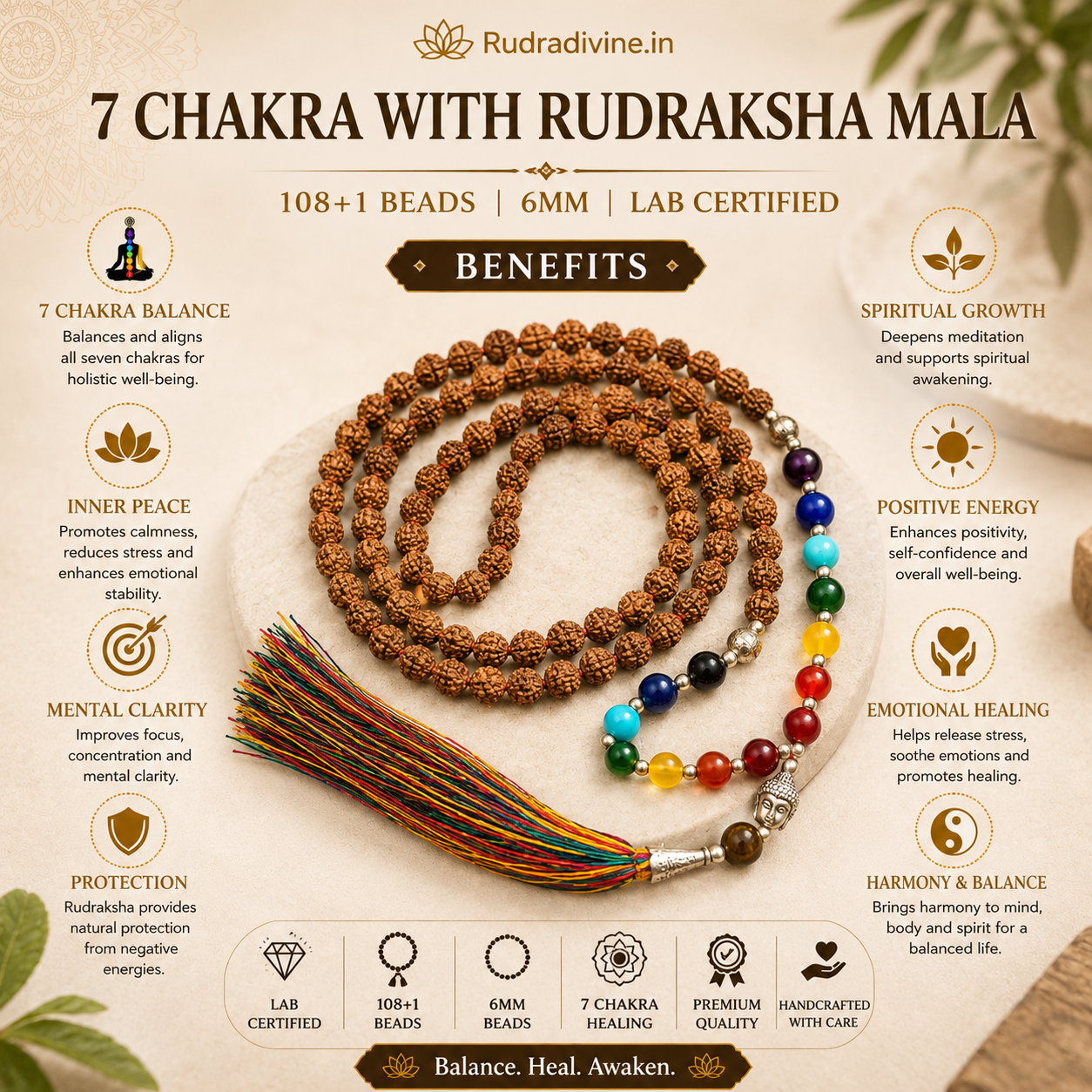 7 Chakra with Rudraksha Mala 108+1 Beads 6MM crafted with natural Rudraksha and seven chakra gemstones with official Lab Certificate by Rudradivine for chakra balancing, meditation and spiritual wellness.