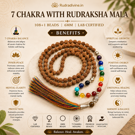 7 Chakra with Rudraksha Mala 108+1 Beads 6MM crafted with natural Rudraksha and seven chakra gemstones with official Lab Certificate by Rudradivine for chakra balancing, meditation and spiritual wellness.