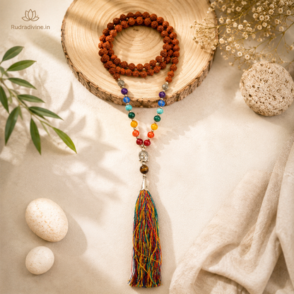 7 Chakra with Rudraksha Mala 108+1 Beads 6MM crafted with natural Rudraksha and seven chakra gemstones with official Lab Certificate by Rudradivine for chakra balancing, meditation and spiritual wellness.