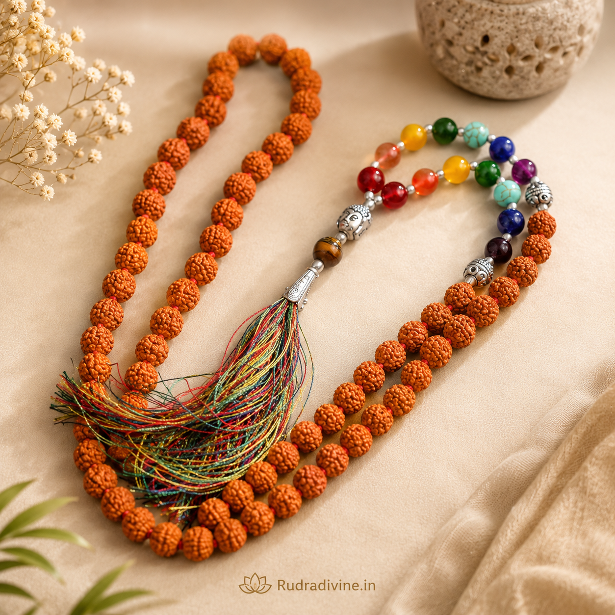 7 Chakra with Rudraksha Mala 108+1 Beads 6MM crafted with natural Rudraksha and seven chakra gemstones with official Lab Certificate by Rudradivine for chakra balancing, meditation and spiritual wellness.