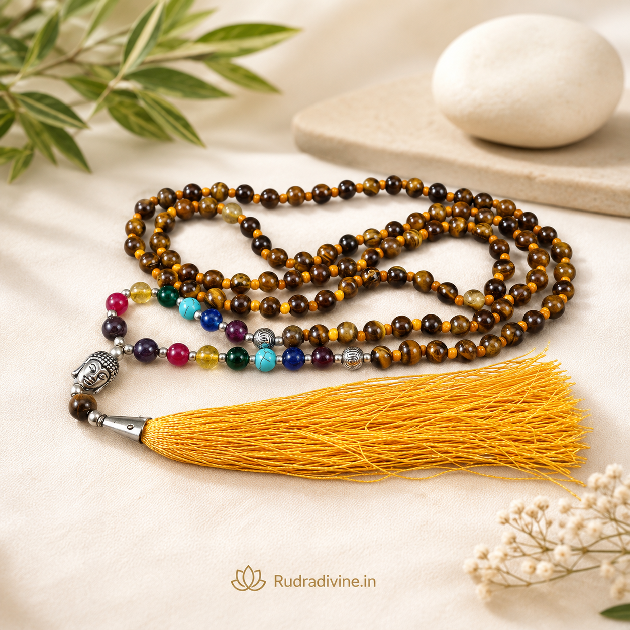 7 Chakra with Tiger Eye Mala 108+1 Beads 6MM crafted with natural Tiger Eye and seven chakra gemstones with official Lab Certificate by Rudradivine for chakra balancing, meditation, confidence and spiritual wellness.