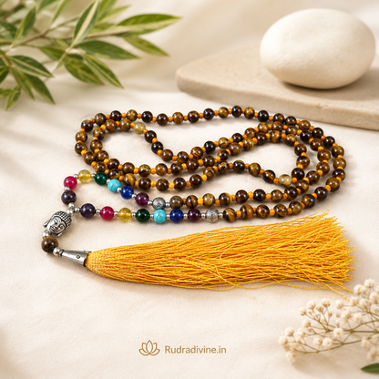 7 Chakra with Tiger Eye Mala 108+1 Beads 6MM crafted with natural Tiger Eye and seven chakra gemstones with official Lab Certificate by Rudradivine for chakra balancing, meditation, confidence and spiritual wellness.